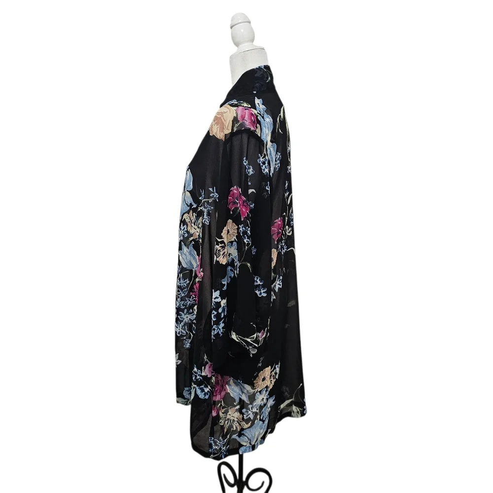 helena Quinn Georgette Kimono Coverup Sheer Black Floral One Size Fits All - Picture 7 of 16